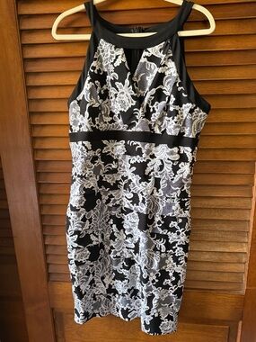 White House Black Market Black and White Lace-Overlay Halter Midi Dress